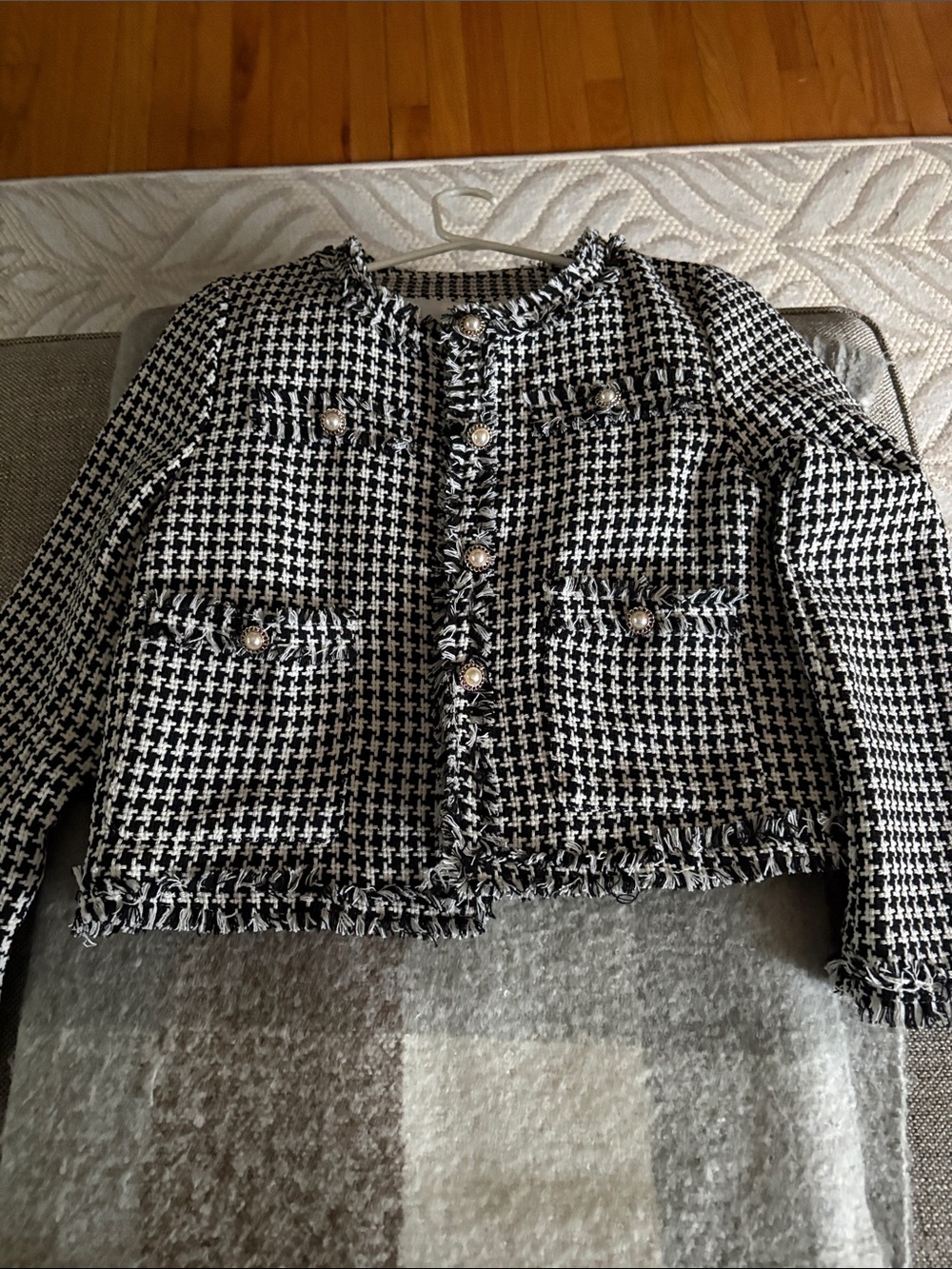 Black & White Houndstooth Fringe Cropped Blazer Jacket